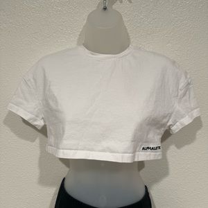 alphalete white workout athletic yoga gym running short sleeve crop t shirt top